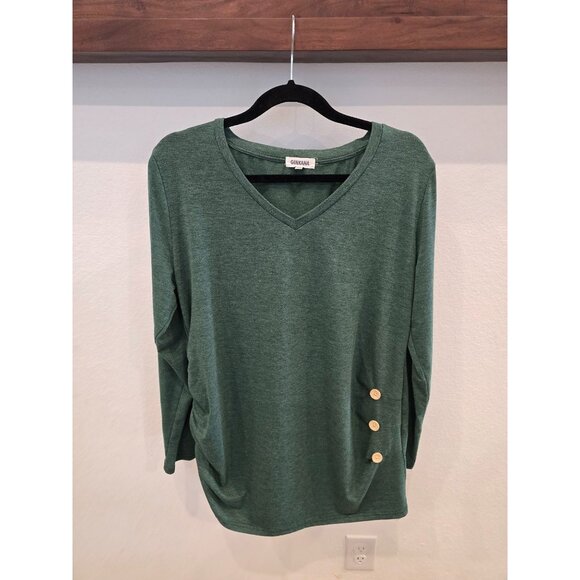 Ginkana Womens Green Long Sleeve V-Neck Top W/ Side Buttons & Ruching XXL - Picture 1 of 5